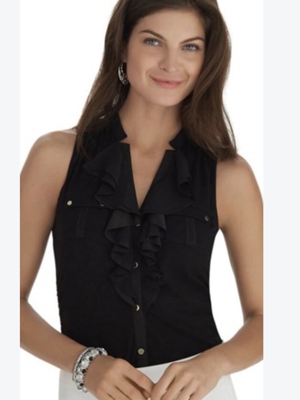 WHBM Ruffle V Neck S/L Black Top XXS EUC $78
